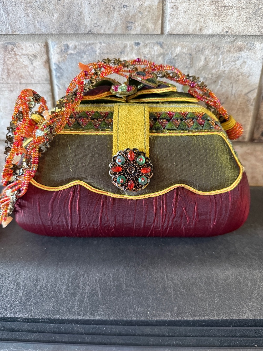 Mary Frances Burgundy, Green & Gold Beaded Embellished Evening Clutch - Picture 3 of 9